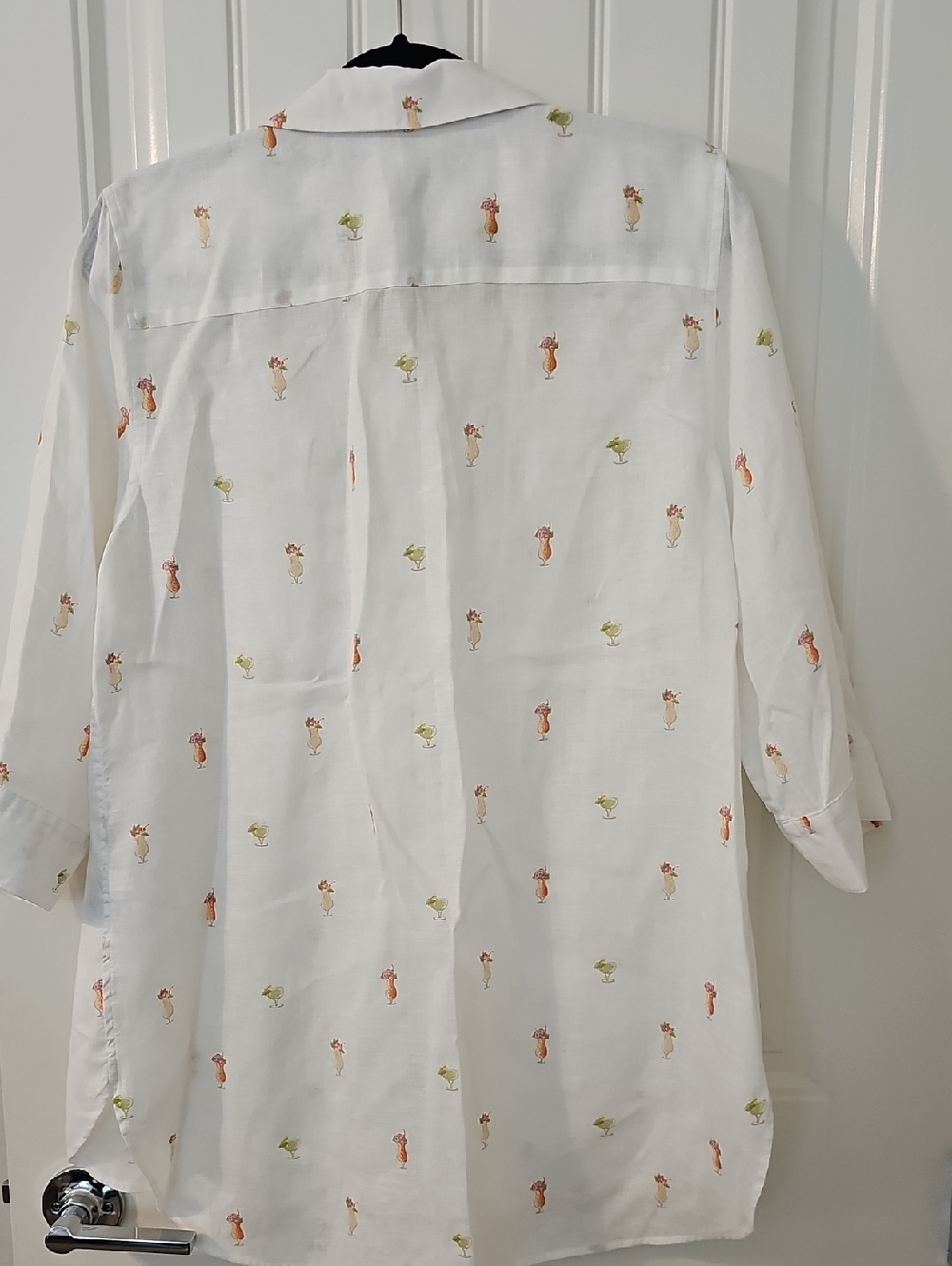 Chico's White Linen Sheer Button-Up Shirt with Tiny Cocktail Drinks Icons - Picture 3 of 4